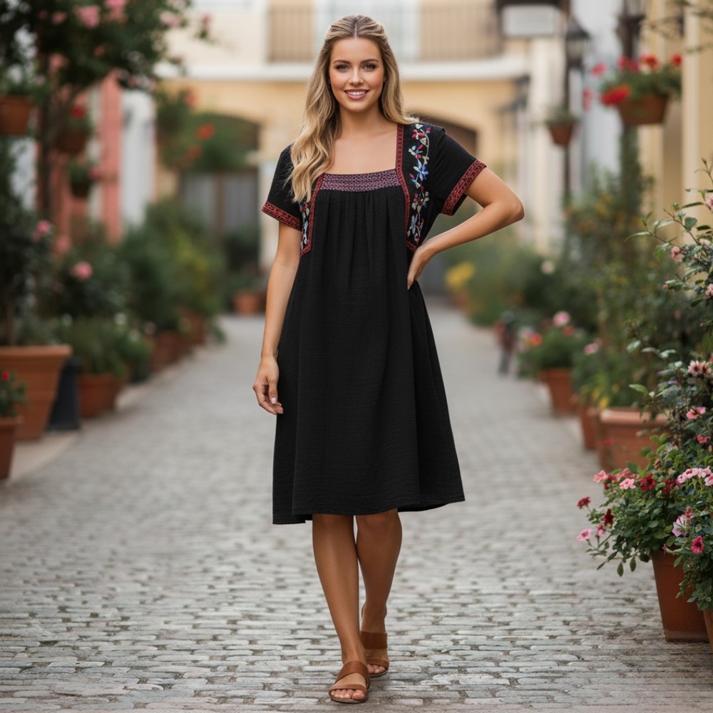 Old Navy‎ Black Heirloom Embroidered Dress Large Short Sleeve Knee Length